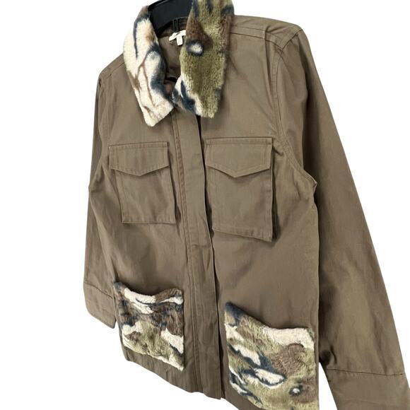 Mystree Jacket Womens S Green Brown Faux Fur Camo Zip Snap Coat Utility Military - Picture 2 of 13